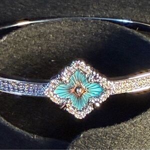 Silver Tone Turquoise Flower Bangle Bracelet | Pavé Crystal Accent Cuff
